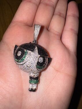 Solid Sterling Silver Pavé Crystal AAA+ CZ Powerpuff Girl Buttercup Pendant
